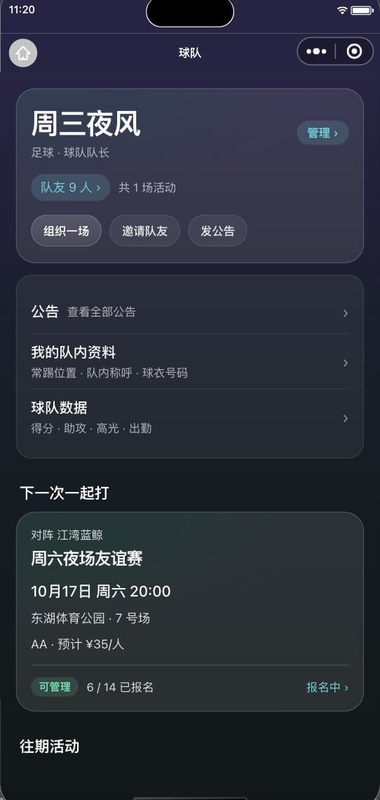 球队页：演示队「周三夜风」，有组织一场、邀请队友、发公告三个入口，下方是下一场对阵江湾蓝鲸的友谊赛，6 / 14 已报名