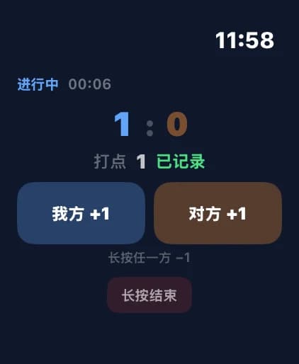 Apple Watch 记分界面:我方 +1、对方 +1,长按任一方减 1